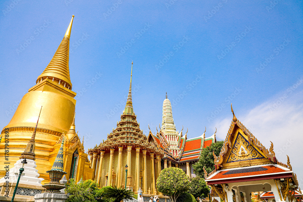 Fototapeta premium Wat Phra Kaew or Wat Phra Sri Rattana Satsadaram is temple used for various royal ceremonies during reign of King Rama I. It is temple within the Grand Palace. Inside temple is the Emerald Buddha.