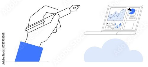 Hand using fountain pen beside laptop screen showing analytics charts in cloud. Ideal for creativity, data analysis, technology, remote work, innovation, productivity, cloud computing. Simple flat