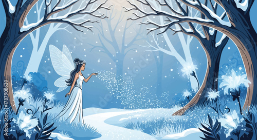 Enchanting winter fairy spreading magic snow dust in a serene forest landscape, creating a whimsical and ethereal atmosphere for fantasy stories