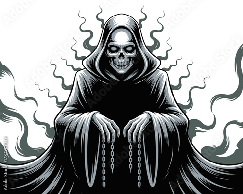 Grim reaper with chains and smoke illustration