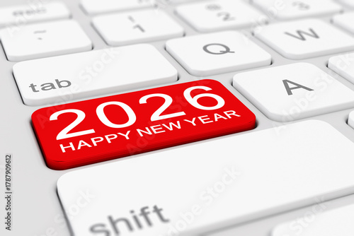 3d render of a white keyboard with a red key and the inscription 2026 - happy new year - represents the new year 2026 - vacation concept.