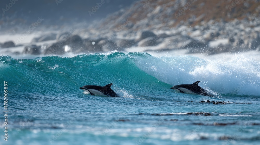 Fototapeta premium Saunders Island Falkland Islands Commerson s dolphins surf the waves