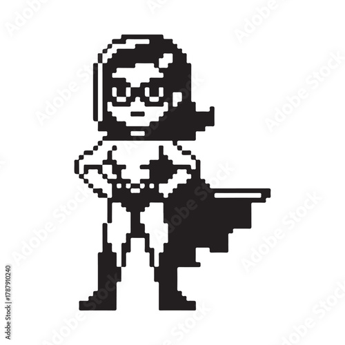 Pixel art superhero woman with cape and glasses