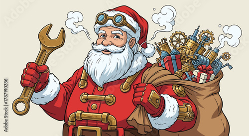 Steampunk Santa Claus bringing gifts with wrench in hand, a modern twist on holiday cheer and the magic of Christmas, offering a creative seasonal message