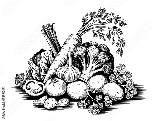 Hand drawn illustration of a variety of fresh vegetables in a pile