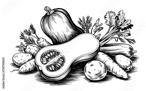 Hand drawn sketch of fresh vegetables including butternut squash carrots potatoes and zucchini