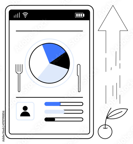 Tablet displaying a pie chart, nutritional data, progress bars, fork, knife, and cherry icon with upward arrow. Ideal for health, fitness, nutrition progress tracking apps self-care wellness