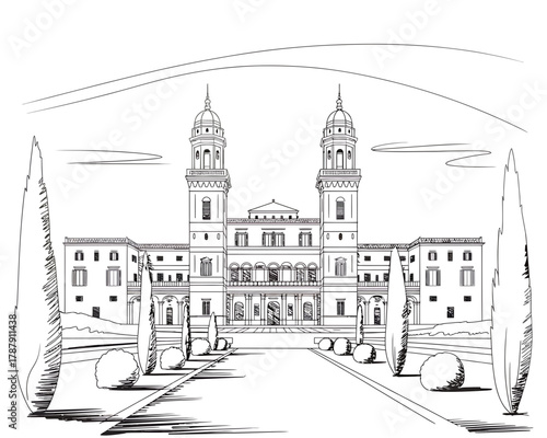 Elegant italian villa with twin towers and cypress trees line drawing