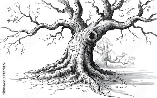 Ancient gnarled tree with roots of time inscription