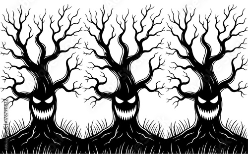 Three spooky black silhouette halloween trees with scary faces and grinning mouths