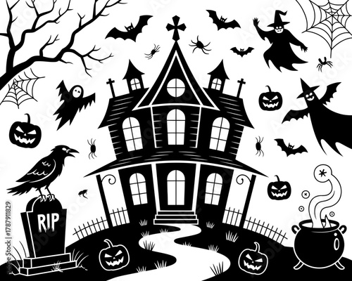 Spooky halloween scene with haunted house bats ghosts pumpkins and raven