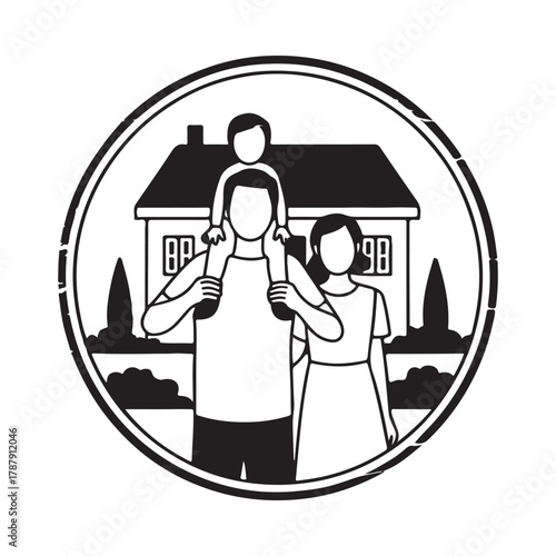 Family portrait with child on shoulders and house emblem