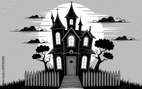 Spooky haunted house with a full moon and clouds in a gothic style