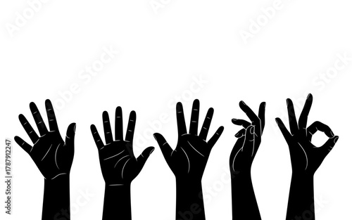 Collection of black silhouette hands raised and gesturing against white background