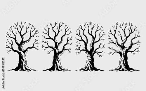 Four bare winter trees in a row with a single snowflake