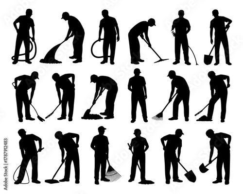 Collection of silhouettes of men performing various cleaning and gardening tasks