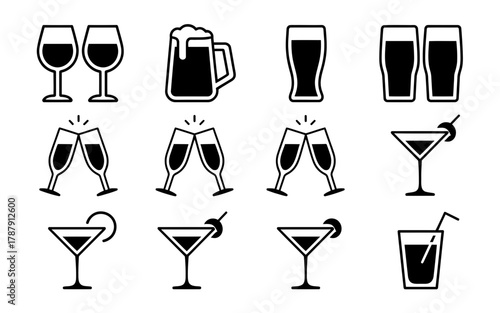 Collection of black and white beverage icons including wine glasses beer mugs cocktails and drinks