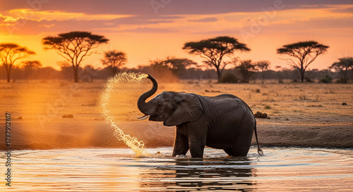 Majestic african elephant spraying water at sunset in the savanna with acacia trees and golden light