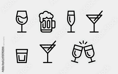 Collection of simple line art icons representing various alcoholic and non alcoholic beverages