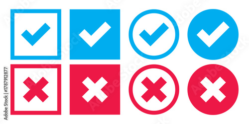 Check mark icon set. Check box icon with right and wrong buttons and yes or no checkmark icons in tick and cross  box checkmarks. Right or wrong icons. Checkmark and x mark icon for apps and websites.