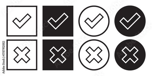 Check mark icon set. Check box icon with right and wrong buttons and yes or no checkmark icons in tick and cross  box checkmarks. Right or wrong icons. Checkmark and x mark icon for apps and websites.