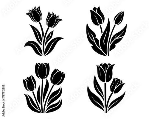 Collection of four black silhouette tulip floral designs on white background