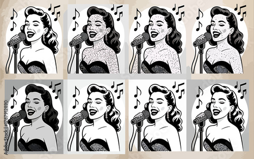 Retro pin up singer performing with microphone and musical notes