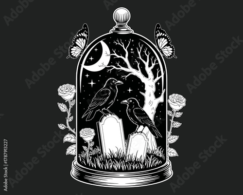 Gothic scene with crows on gravestones under a moonlit sky in a glass dome
