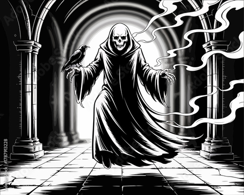 Grim reaper with raven in gothic hallway with smoke