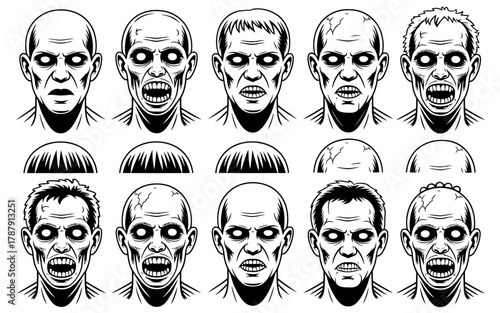 Collection of ten different zombie faces with various expressions and hairstyles