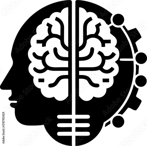Human brain merging with machine silhouette vector icon , black and white , white background