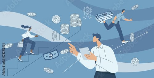 Man and woman working with focus on finance, cash and coins, wealth, investment, and financial literacy.