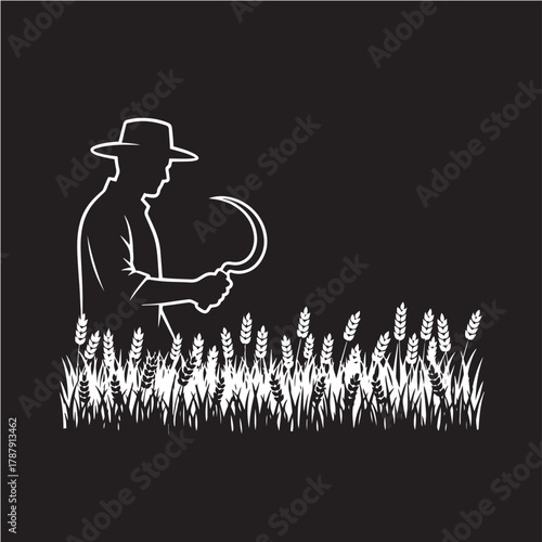 Traditional Farmer Harvesting Wheat Silhouette – Rural Agriculture Scene with Sickle and Hat