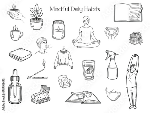 Mindful Daily Habits - Hand-Drawn Icons for Wellness and Routine.