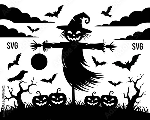 Spooky halloween scarecrow with bats and pumpkins silhouette