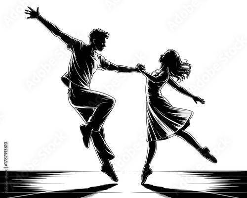 Dynamic silhouette of a couple dancing expressively together
