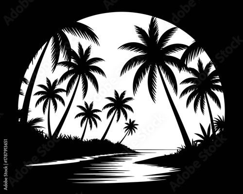 Tropical island silhouette with palm trees and water reflection