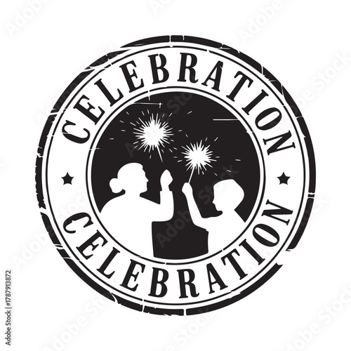 Children celebrate with sparklers in a vintage stamp design