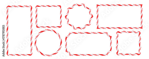 Set of Christmas candy cane figure frames with red and white stripes. Drawing of striped Christmas candy canes . New Year template with space for text .Vector illustration isolated on white background