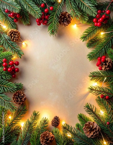 avideño hiperrealista con ramas de pino frescas, bayas rojas brillantes, piñas naturales y luces LED cálidas y delicadas. 