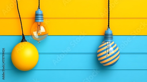 Fototapeta Naklejka Na Ścianę i Meble -  Bright Yellow and Blue Lightbulbs and Sphere Hanging on Wood Background