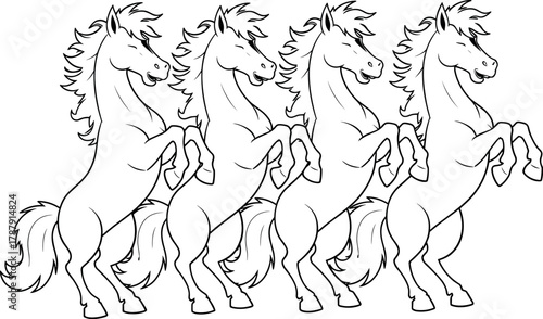 Rearing horse silhouettes in dynamic pose, stylized equine vector illustration for decor, logo, editorial, tattoo, coloring, and design use