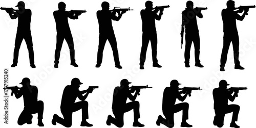 Rifle shooting silhouettes, tactical stances illustration, black design, standing and kneeling poses, combat training, firearm handling, military concept, shooter icons