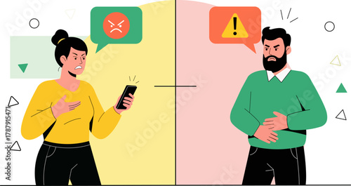Angry Couple Arguing Online Through Phones Relationship Conflict Mobile Communication Modern Dilemmas Digital Age