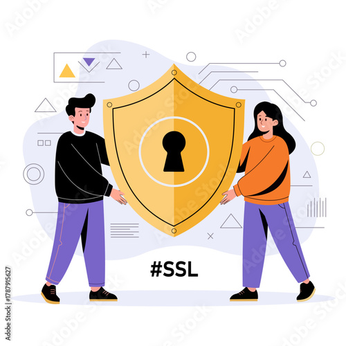 SSL security illustration two individuals shield protection digital technology connection safety graphic vector cartoon