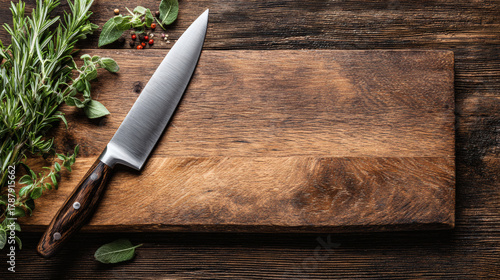 Chef's knife on a wooden cutting board with fresh herbs.