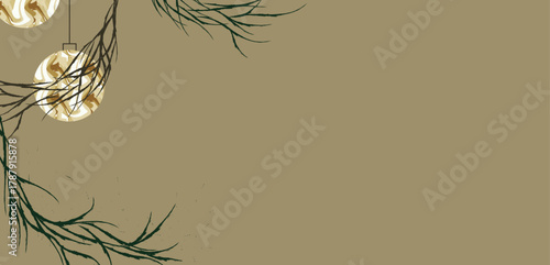 Christmas Holiday banner, card, poster, cover, background. Modern Xmas design with hand drawn beautiful Christmas tree golden ball for season greetings, sales, print, ads