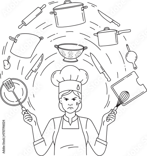 Stressed woman chef juggling kitchenware professional burnout exhaustion vector concept
