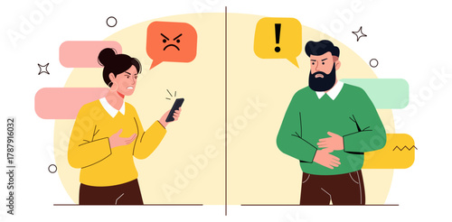 Angry Exchange Woman Frustrated with Phone Man Responds with Concern Relationship Problems Communication Breakdown