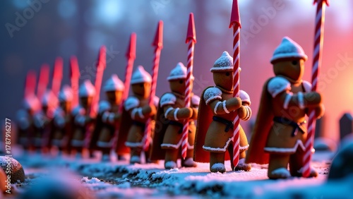 Gingerbread knights army marching with candy cane lances